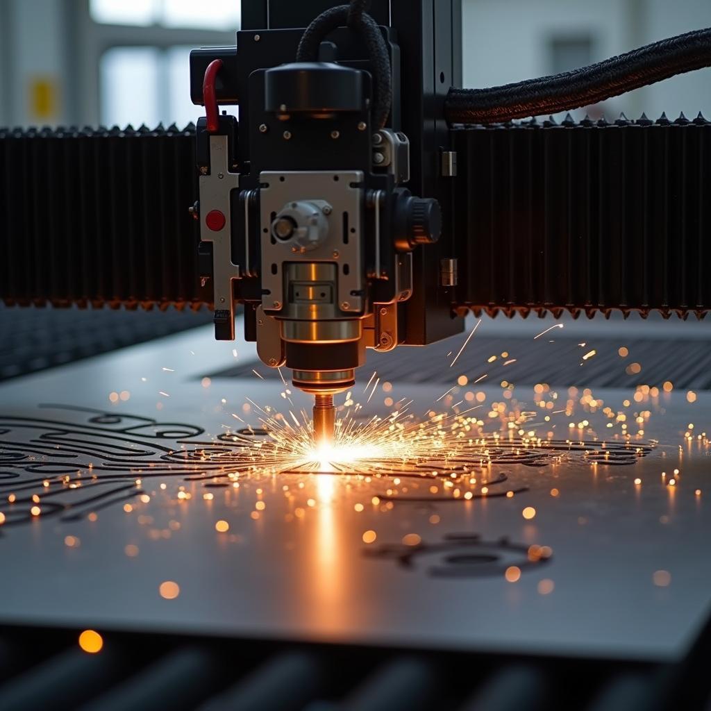 Máy cắt laser CNC kim loại đang hoạt động, tia laser cắt tấm sắt theo mẫu thiết kế.